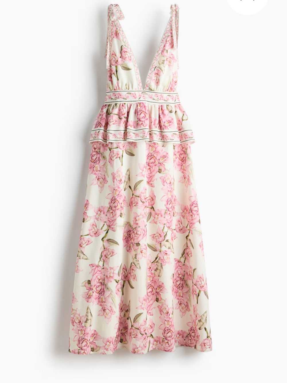 H&M LINEN-BLEND PEPLUM DRESS Floral Tie-Shoulder V-Neck Maxi Dress Pink Size M
